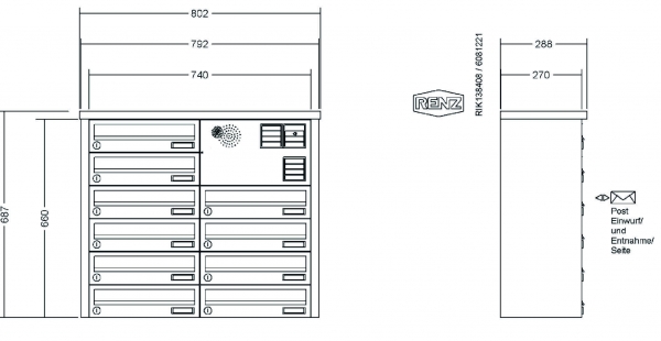 RENZ Briefkastenanlage Aufputz, Tetro, Edelstahl V4A, Kastenformat 370x110x270mm, mit Klingel - & Lichttaster und Vorbereitung Gegensprechanlage, 10-teilig